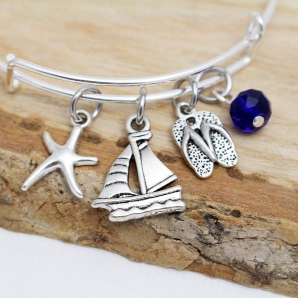 Starfish, Sailboat & Flip Flops Adjustable Charm Bangle - Handcrafted - Picture 3 of 4